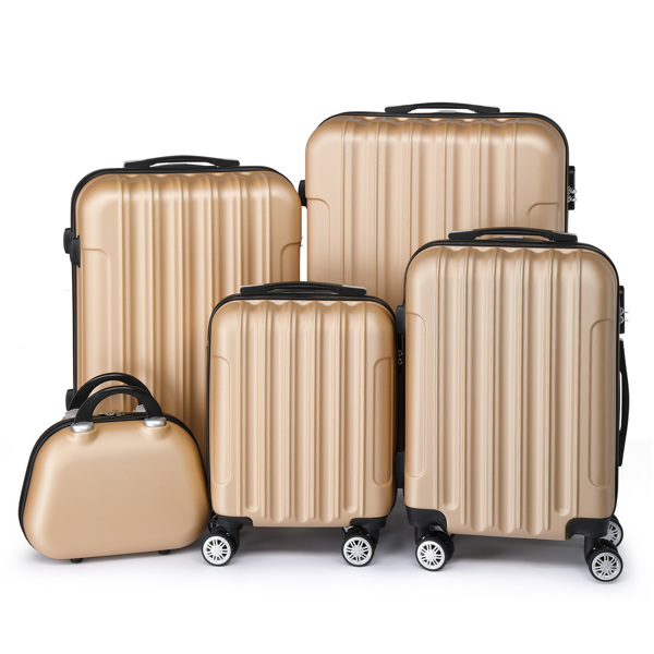 FCH Vertical Stripe Five-Piece Set ABS Luggage 16in, 20in, 24in, 28in + 12in Handbag with ABS Material and Steel Telescopic Handle in Trendy Champagne Gold