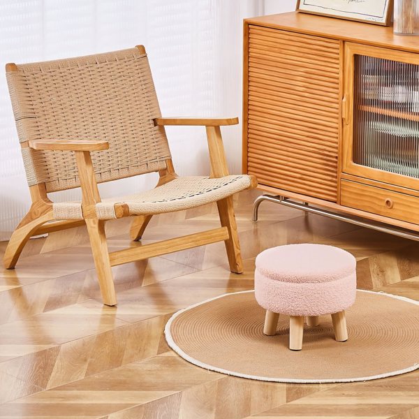 Storage Ottoman, Modern Round Footrest with Soft Padded Seat, Teddy Velvet Footstool with Wood Legs, Accent Small Table or Plant Stand for Hallway, Living Room (Pink)