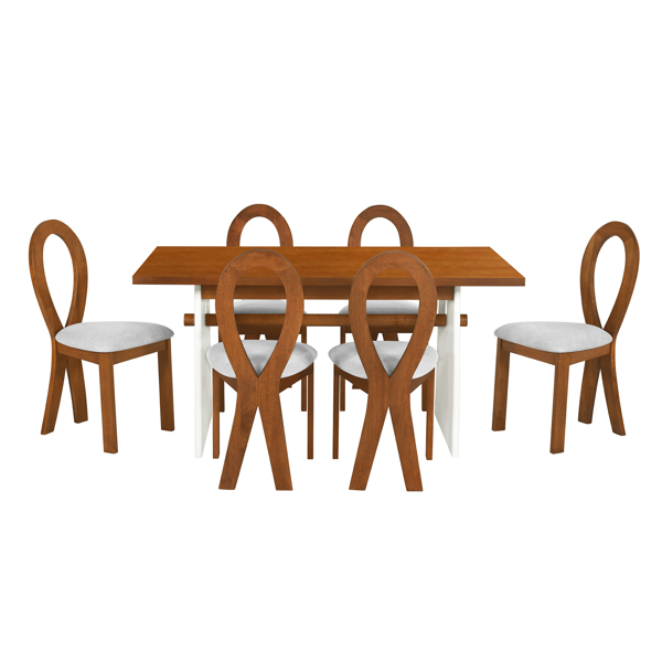 Modern 7-Piece Dining Table Set with Trestle Dining Table and 6 Upholstered Dining Chairs, Compact Kitchen Table Set for 6, Brown