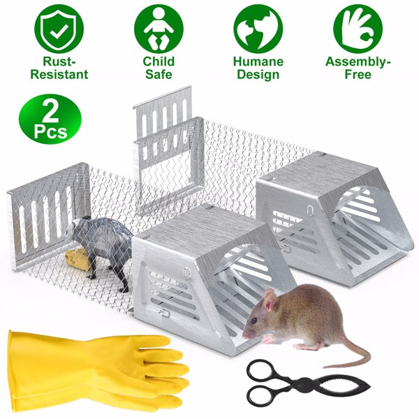 2Pcs Humane Mouse Trap Cage No Assembly Need Automatic Continuous Rat Trap with Single Way Door Reusable Catch And Release Live Cage Trap for Rodents Moles Voles Mice