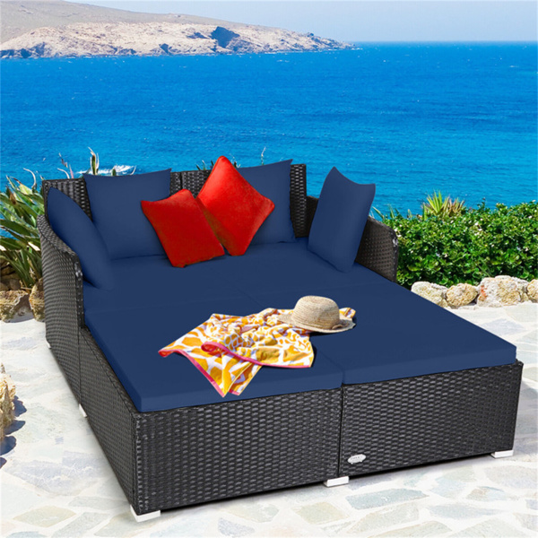 Navy Outdoor Rattan Daybed with Upholstered Cushions