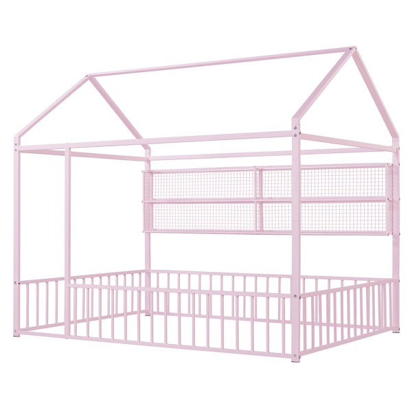 Full Size Metal Bed House Bed Frame with Fence and Shelves, Pink