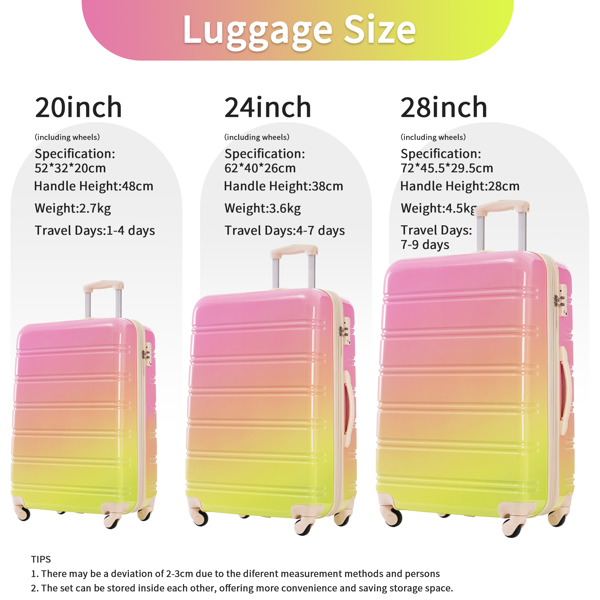 Hardshell Luggage Sets 3 Piece Gradient Color Expandable Suitcase with Spinner Wheels and TSA Lock Lightweight 20" 24" 28" Available,Pink+Green