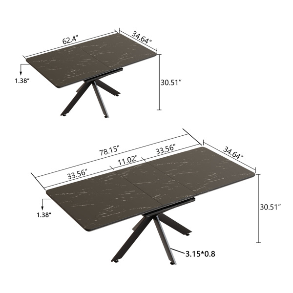 62.4" Extendable 78.15"Very large Black Dining Table Modern Mid-Century Kitchen Table Set for Dining Room, party Table,Conference table,Black metal X shape Legs. 