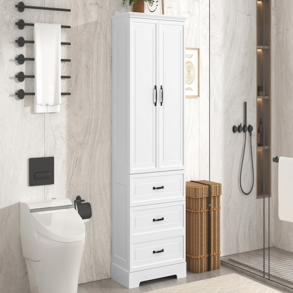 Tall Bathroom Storage Cabinet, Cabinet with Two Doors and Drawers, Adjustable Shelf, MDF Board, White