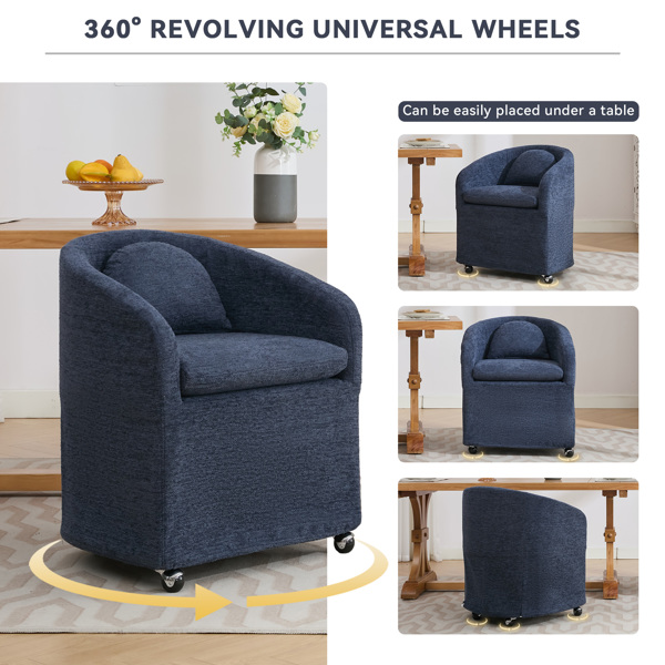 059-Set of 1 Chenille Fabric Dining Armchair With Back Cushion and Universal Wheels,Blue