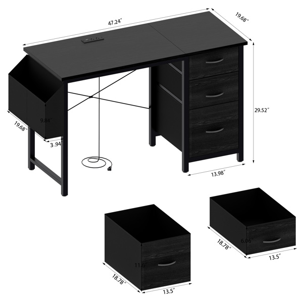 47.3"office desk with power outlet,3 drawers,Large Side Pocket, Desk Easy to Assemble,Frame stability Reversible,  for home desk, computer desk, game table,Writing desk,Vanity table, black