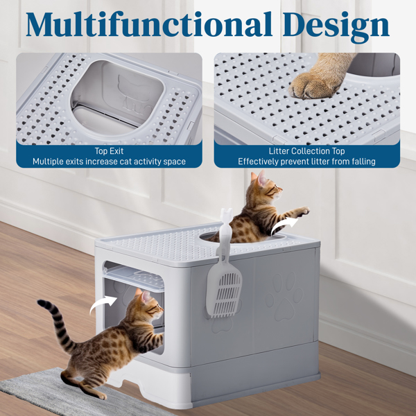Large Enclosed Cat Litter Box with Lid Cover, Detachable Cat Toilet with Litter Scoop & Slide Out Tray, Front Entry Top Exit Door, Easy to Clean, Gray