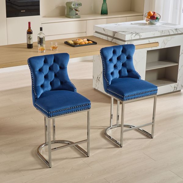 25" Counter Height Bar Stools Set of 2, Modern Velvet Barstools with Button Back&Rivet Trim Upholstered Kitchen Island Chairs with Sturdy Chromed Metal Base Legs Farmhouse Bar Stools, (Blue,2 Pack)