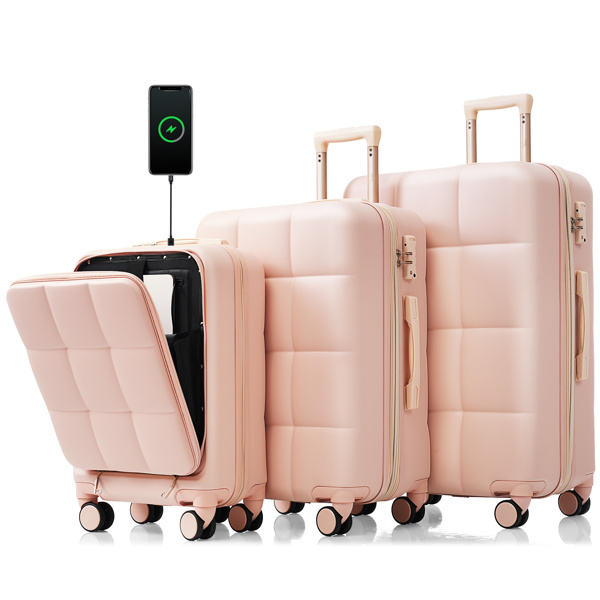 Luggage Sets 3 Piece, 20-inch with USB Port and front opening design,  ABS Hard Shell Luggage with Spinner Wheels, Cup Holder, pink