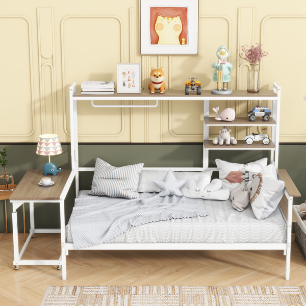 Twin size Metal Daybed with Movable Desk, Metal Grid, Shelves and Clothes Hanger, White