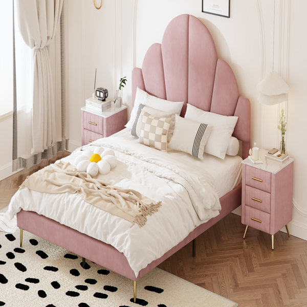 Queen Size Upholstered Bed Frame with Elegant Design, Modern Velvet Platform Bed with Petal Shape Headboard,Pink