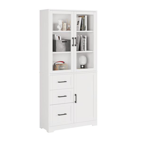 FCH 3 doors 3 drawers 5 layers Triamine board veneer 78*38.5*170cm display cabinet white N001