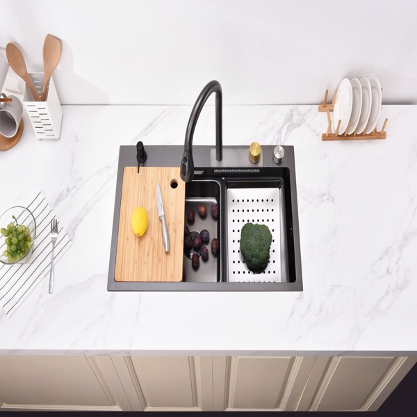 瀑布厨房水槽，黑色不锈钢单碗，带飞雨水龙头和砧板的多功能工作站，30×18“【周末不发货，TK/TEMU订单仅支持自提】-7