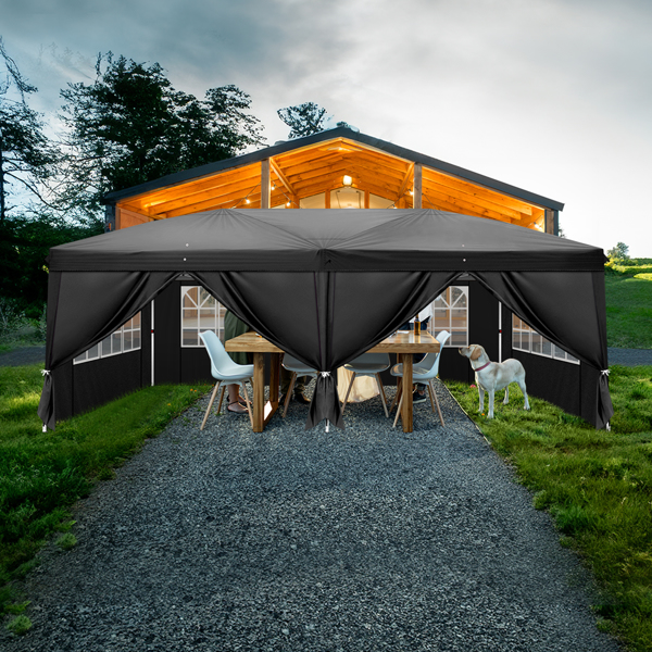 3 x 6m Four Windows Practical Waterproof Folding Tent Black 