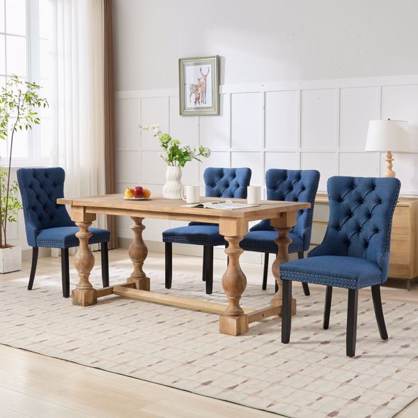 Modern, High-end Tufted Solid Wood Contemporary Flax Upholstered Linen Dining Chair with Wood Legs Nailhead Trim 2-Pcs Set,Blue Linen, SW6801BL