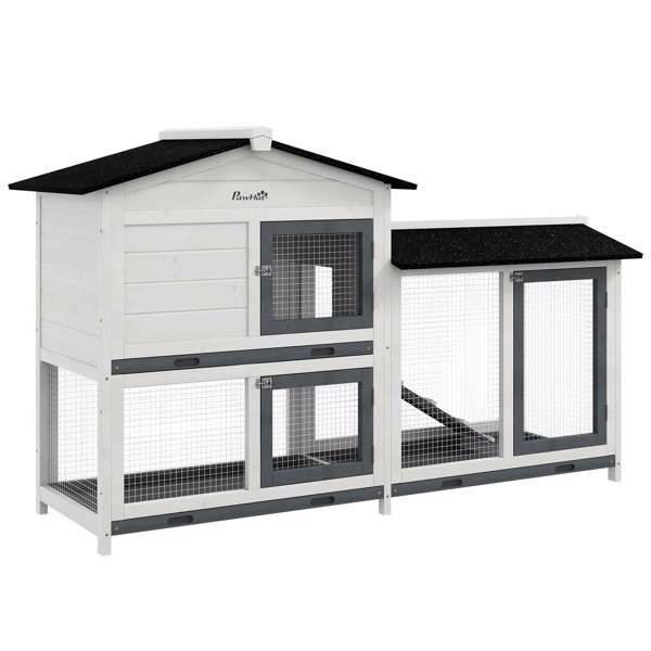 62" Rabbit Hutch, Wooden Bunny Hutch, Guinea Pig Cage, Small Animal Enclosure with Run Area, Removable Tray, Asphalt Roof, Lockable Doors and Ramp, White