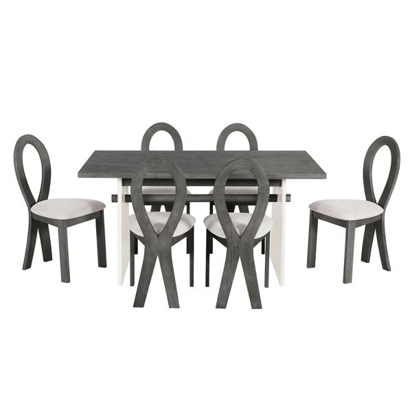 Modern 7-Piece Dining Table Set with Trestle Dining Table and 6 Upholstered Dining Chairs, Compact Kitchen Table Set for 6, Grey