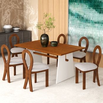 Modern 7-Piece Dining Table Set with Trestle Dining Table and 6 Upholstered Dining Chairs, Compact Kitchen Table Set for 6, Brown