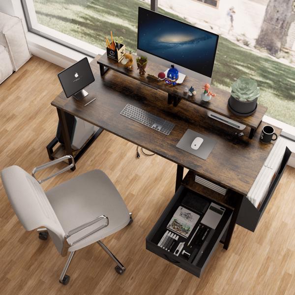 47.27"office desk with power outlet, 2 Monitor Stands and USB Ports,Gaming Desk with Storage Shelves,2 Fabric Drawers, Large Side Pocket,and hooks for Home Office Study, Rustic Brown