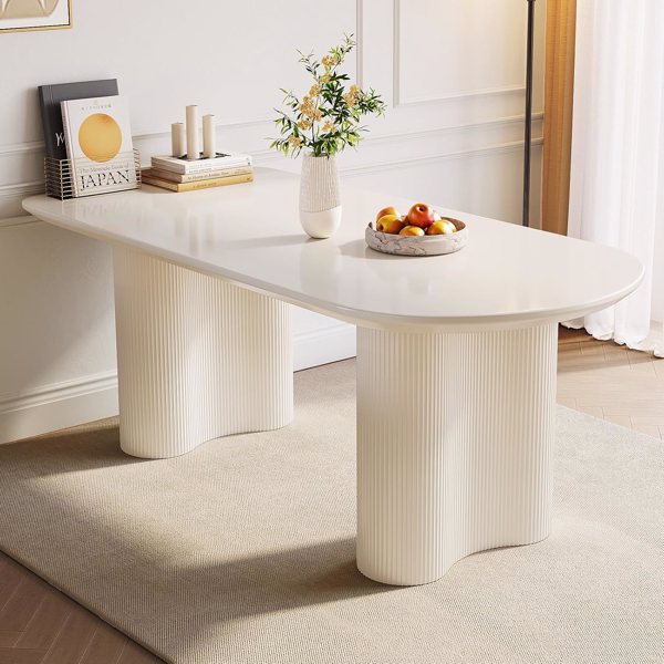 63 "Modern Fashion MDF New Cream Style Dining Table and Irregular Side Table, 4-8 Person Dining Table, Thick Engineering Wood Round Wave Table Legs, Home Kitchen Thick Elegant Cream White Table Top 