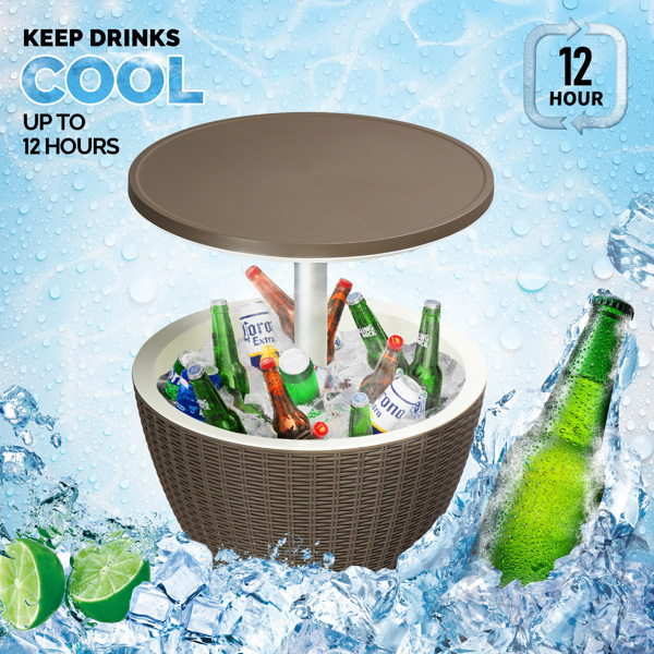 Outdoor Cooler Table, Height-Adjustable Outdoor Cool Bar w/ 8 Gallon Beer and Wine Cooler, All-Weather Resistant Patio Cooler Ice Cool Bar for Deck Pool Party (Coffee)