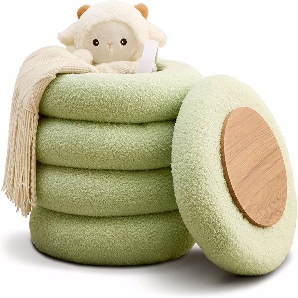 Round Storage Ottoman, Modern Sherpa Footstool, Teddy Vanity Stool with Flip-Top Tray, Makeup Chair for Home Decor, Upholstered Footrest for Living Room & Bedroom (Green)