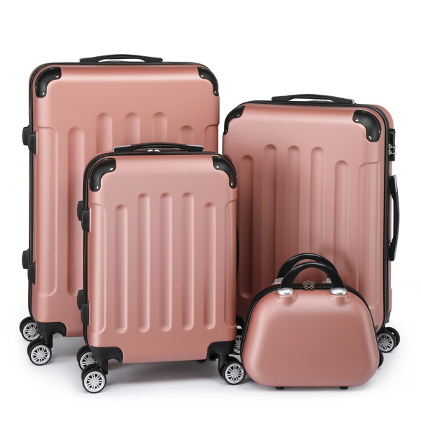 FCH Corner-Protected Four-Piece Set ABS Luggage 20in, 24in, 28in + 12in Handbag with ABS Material and Steel Telescopic Handle in Trendy Rose Gold