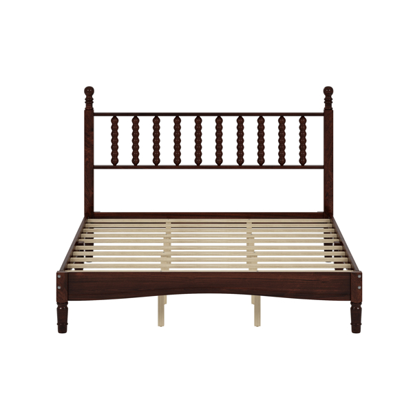 Queen Size Wood Platform Bed with Gourd Shaped Headboard,Retro Style Platform Bed with Wooden Slat Support,Walnut