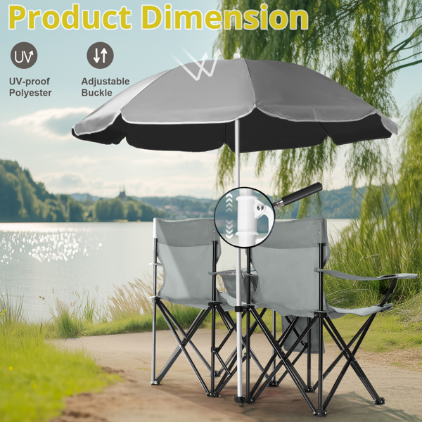 Portable Outdoor 2-Seat Folding Chair with Removable Sun Umbrella Grey