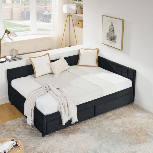 Full Size Upholstered Tufted Bed Frame with Two Drawers, Sofa Bed Frame with Comfortable Backrest and Armrests, Velvet, Black(79.5''x58''x25'')