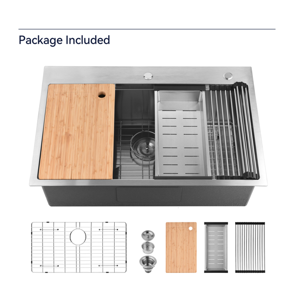 Kitchen Sink 33" x 22" Multifunctional Undermount Workstation S304 Stainless Steel Handmade Single Bowl with Accessories and Integrated Ledge - 10 Inch Depth[Unable to ship on weekends]