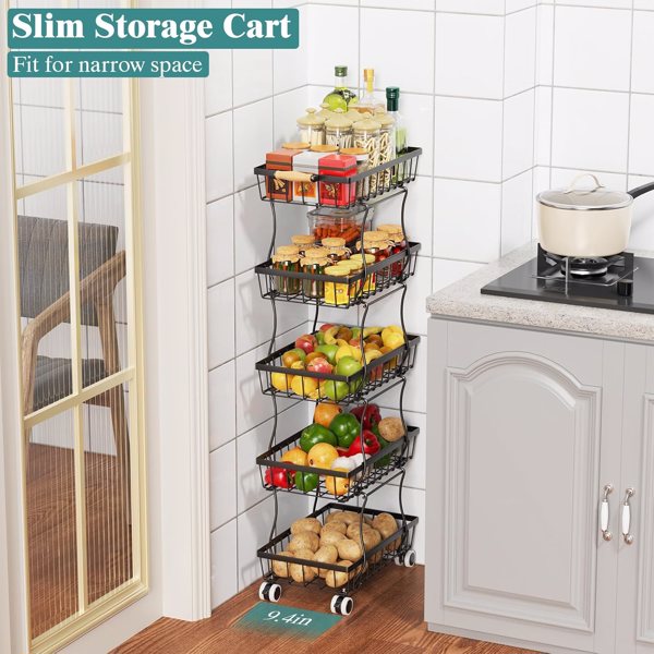 厨房用 5层细长水果篮，可堆叠的金属丝水果蔬菜储物篮 带轮子的收纳架，金属农产品篮 土豆洋葱储物箱 储藏室用架子，黑色（禁售temu，周末不发货）-4