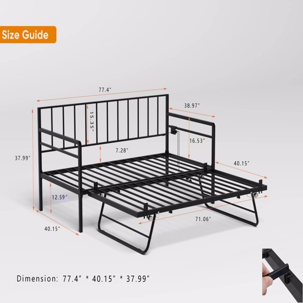 Twin Daybed with RGB LED Lights & Charging Station, Height Adjustable Day Bed Frame with Trundle, Versatile Metal Sofa Bed Frame for Bedroom, Living Room, Guest Room, Black