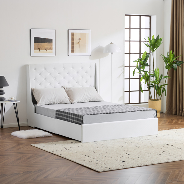 Upholstered Queen Platform Storage Bed Frame with 4 Drawers, Wingback Headboard with Button Tufted Design, Wooden Slat Support, No Box Spring Needed, Beige