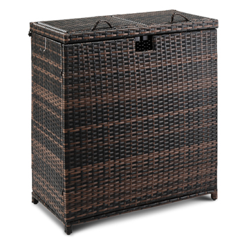 Outdoor Large Wicker Trash Bins, 72 Gallon Hideaway Rattan Trash Cans with Dual Lids for Porch Backyard Deck Patio Poolside, Brown