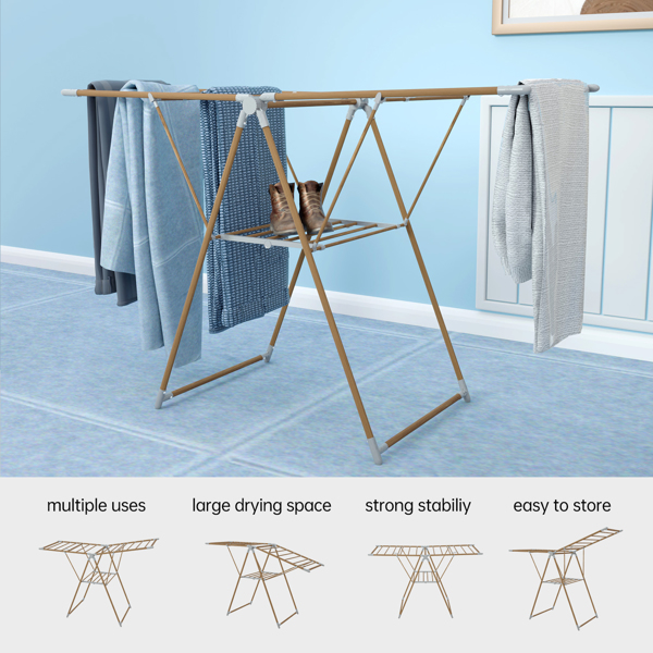 1pc, Clothes Drying Rack Foldable, Foldable Laundry Drying Rack, Free-Standing Large Drying Rack, with Height-Adjustable Wings, for Indoor Outdoor, Wood color