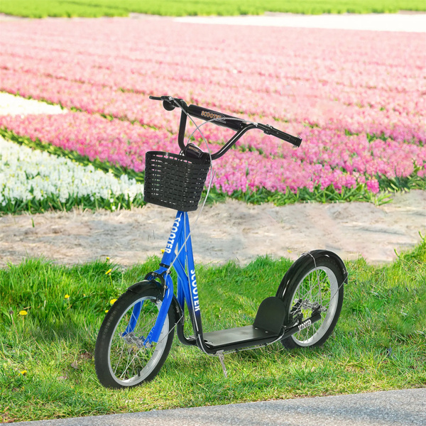 Youth Scooter with Adjustable Handlebars and plastic basket  16" Inflatable Rubber Tires  -Blue