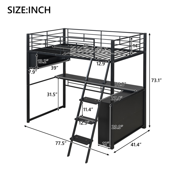 Twin Size Metal Loft Bed with LED, Desk and 4 Storage Shelves, Black