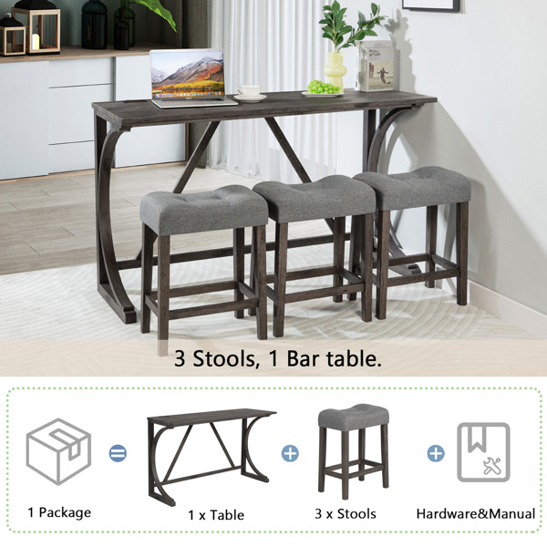 4-Piece Bar Table Set with Power Outlet, Dining Bar Table and Chairs Set,Bar Table Set with 3 Padded Stools for Living Room, Dining Room, Game Room, Dark Gray