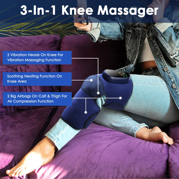 Cordless Knee Massager Heated Knee Brace Wrap Electric Knee Heating Pad with 5-Level Heating 3-Level Vibration 3-Mode & 3-Level Air Compression