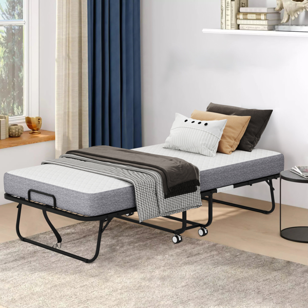 Folding Bed with Mattress 75" x 38" Rollaway Guest Bed Portable Foldable Bed for Adults with 5" Memory Foam Mattress Space-Saving Sturdy Metal Frame Grid Style