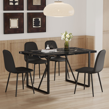 Table and chair set.Modern Black Marble Pattern MDF Dining Set - 55\\"x31.4\\" with 4 Cat Claw PU Chairs.Modern Mid-Century Style Upholstered Side Chairs,Spoon Shaped Chairs.Four Chairs per Box.