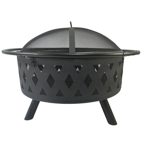 Round fire pit with net cover, fire poker, diamond mesh, metal wood burning outdoor fire pit, suitable for courtyards, backyards, gardens, bonfire parties, Christmas, Thanksgiving, Halloween