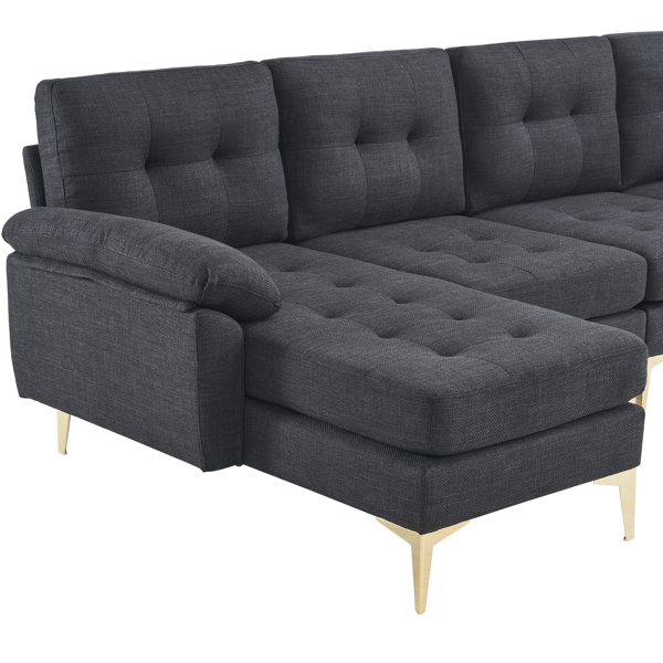 L-Shaped Sectional Sofa Couch for Living Room, Modern 4-Seater Tufted Linen Lounge Sleeper with Chaise, Black