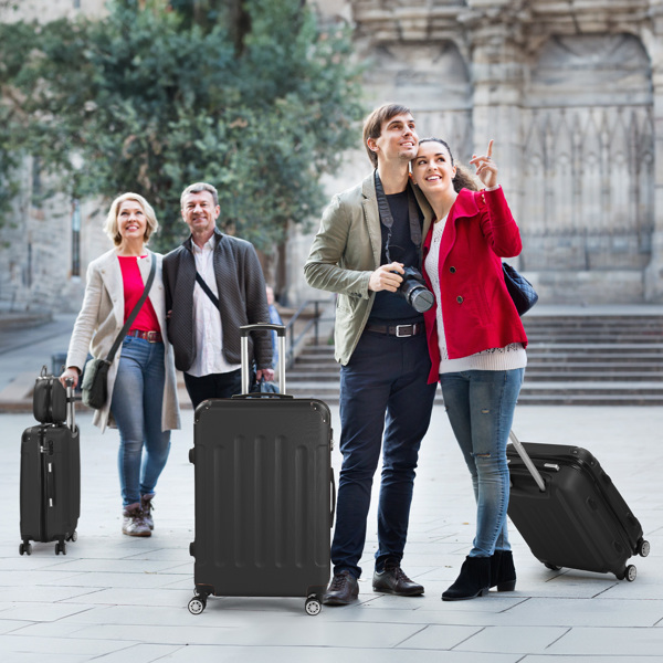 FCH Corner-Protected Four-Piece Set ABS Luggage 20in, 24in, 28in + 12in Handbag with ABS Material and Steel Telescopic Handle in Classic Black