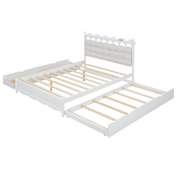 Queen Size Wooden Storage Platform Bed, with 2 Big Drawers, Twin-XL Size Trundle, White