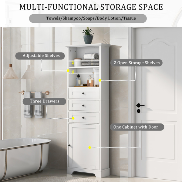 White Tall Storage Cabinet with 3 Drawers and Adjustable Shelves for Bathroom, Study, Office and Interior, MDF Board with Painted Finish