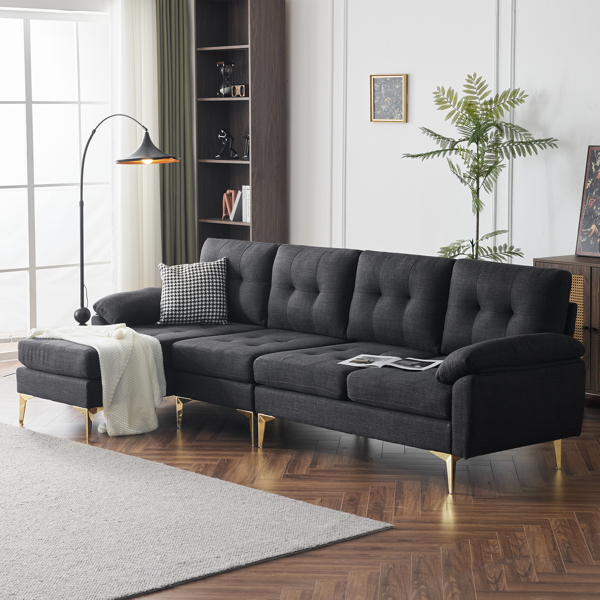 L-Shaped Sectional Sofa Couch for Living Room, Modern 4-Seater Tufted Linen Lounge Sleeper with Chaise, Black