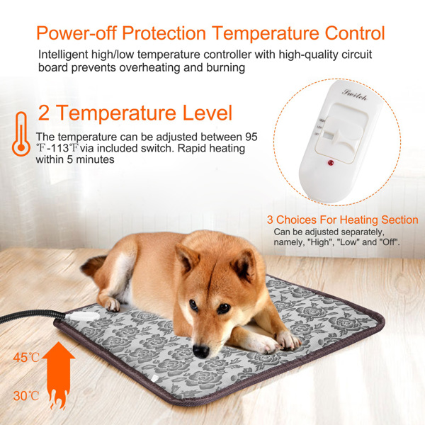 Pet Heating Pad Dog Cat Electric Heating Mat Waterproof Adjustable Warming Blanket with Chew Resistant Steel Cord Case